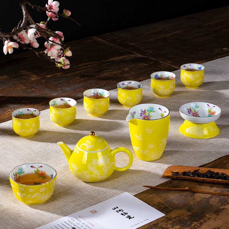 Chinese Tea Set Porcelain Tea Pot Floral Print Gaiwan Cup Pitcher Strainer New