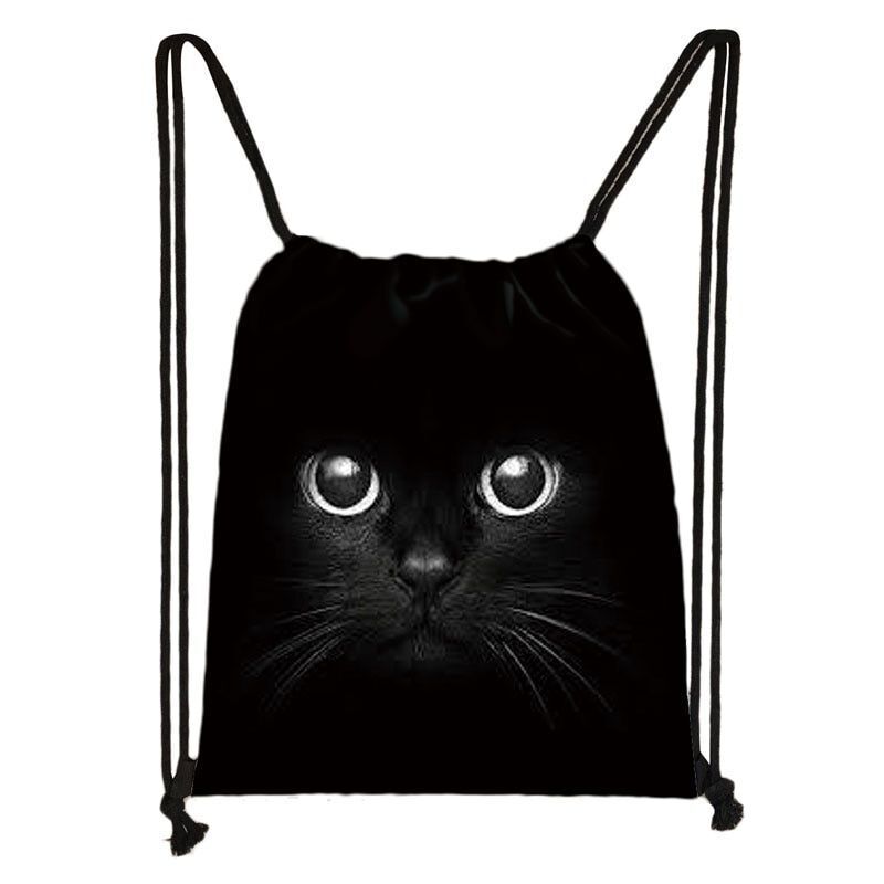 Black Cat Drawstring Bag Women Shopping Purse Canvas Travelling Bag Backpack 1PC