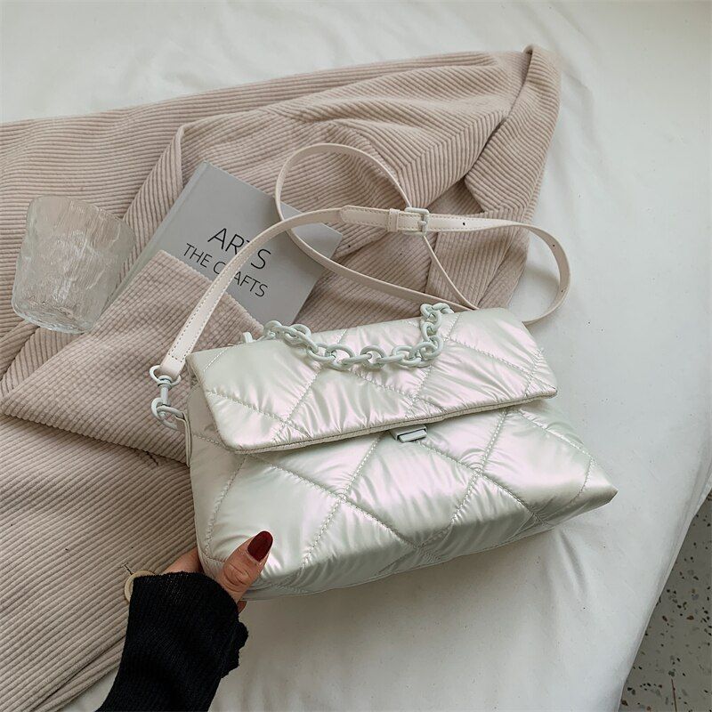 Acrylic Chain Padd Crossbody Bag Handbag Nylon Cotton Shoulder Purse 28*14*10 CM