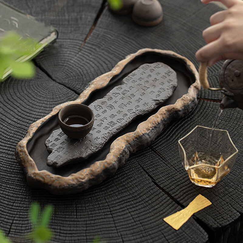 Crude Pottery Tea Tray Water Reservoir Ceramic Serving Tray Heart Sautra Carved