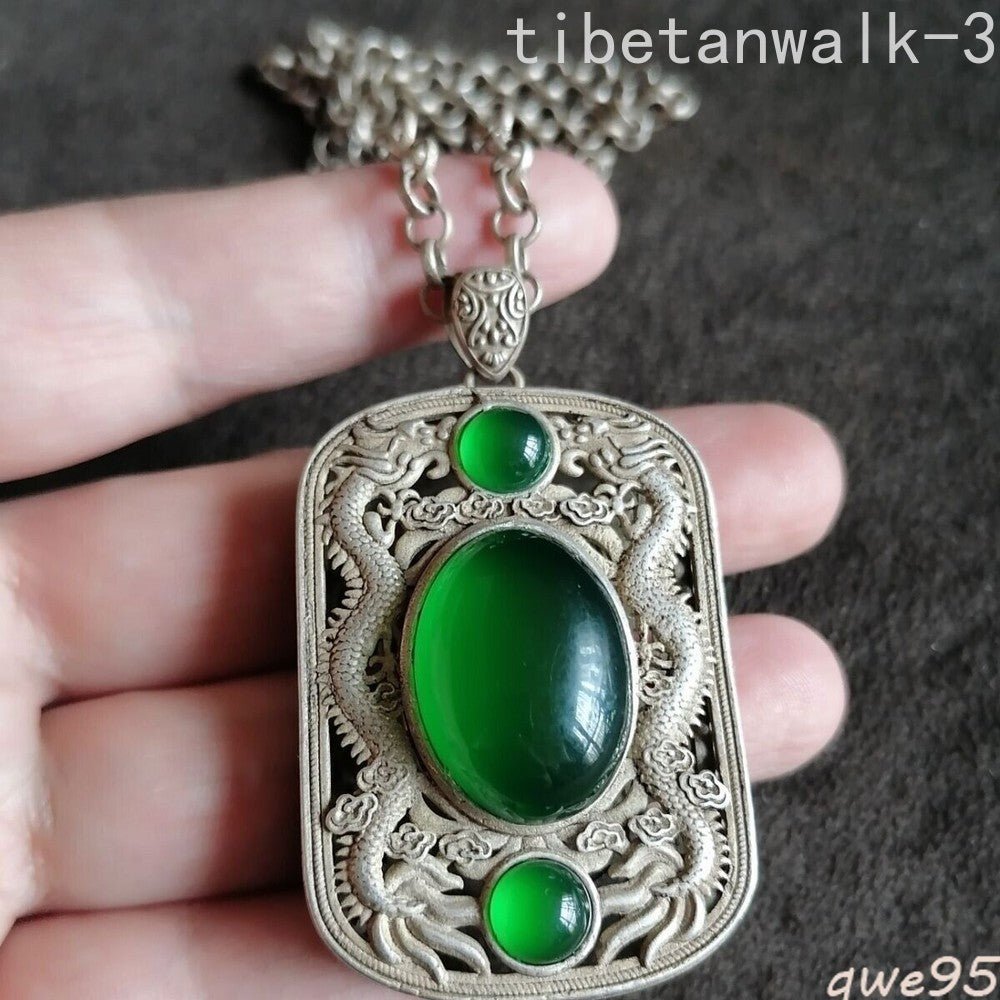 Asian Copper Doule Dragon Green Jade Statue Pendant and Necklace