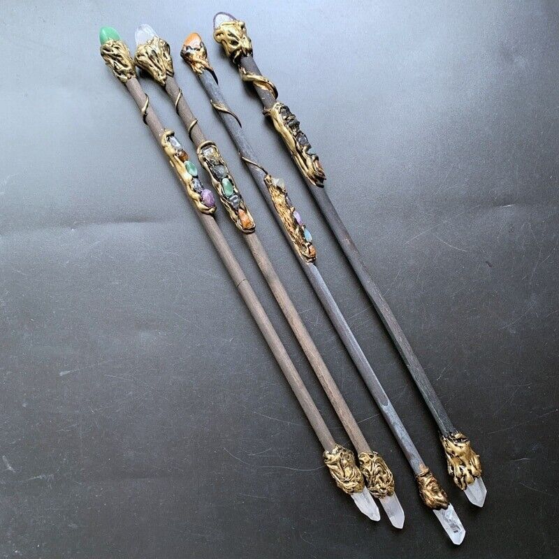 Witch Magic Sticks Clear Quartz Point Crystal Scepter Fairy Wand Props 35cm Wood