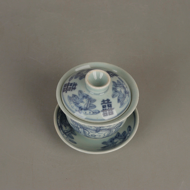 Ming Dynasty Blue and White Butterfly Double Happiness Pattern Cover Bowl Teacup