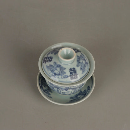 Ming Dynasty Blue and White Butterfly Double Happiness Pattern Cover Bowl Teacup