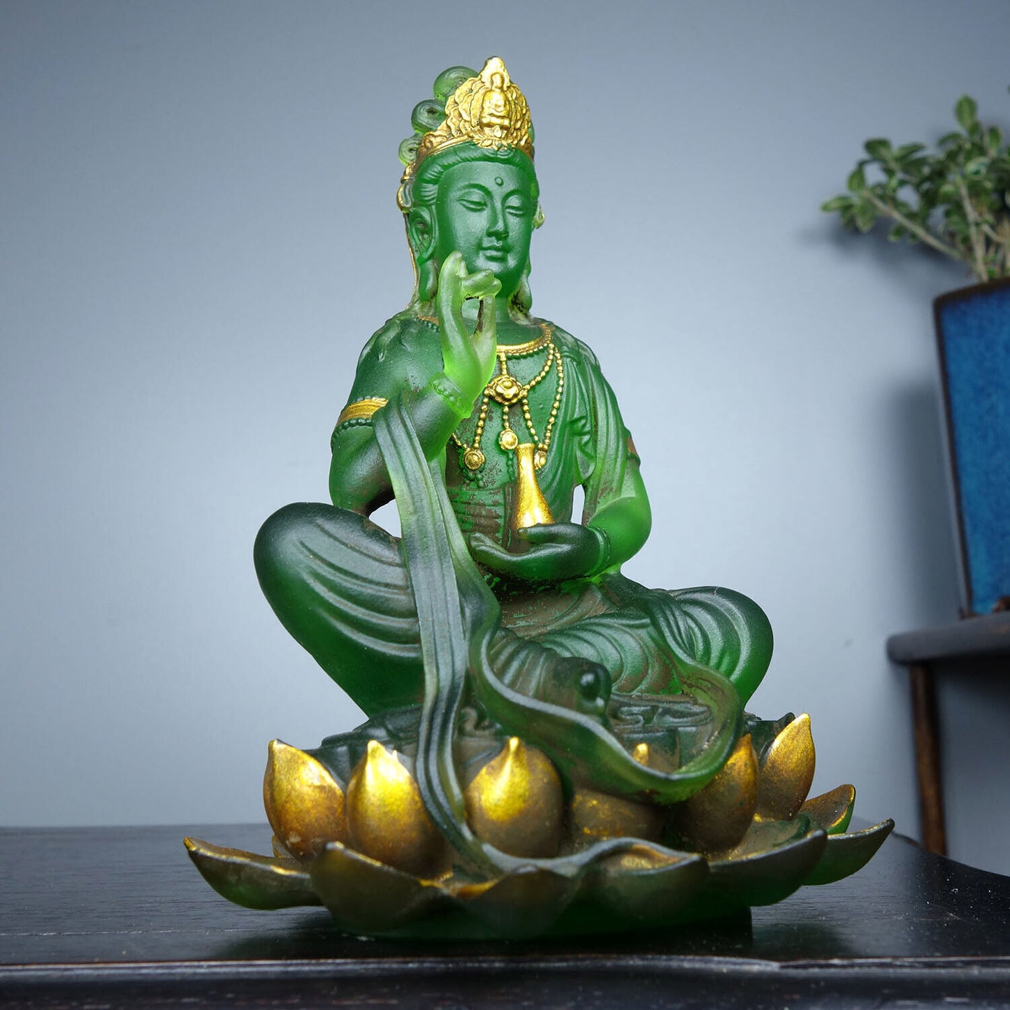 Chinese Old Coloured glaze Handmade Exquisite lotus Guanyin Statue