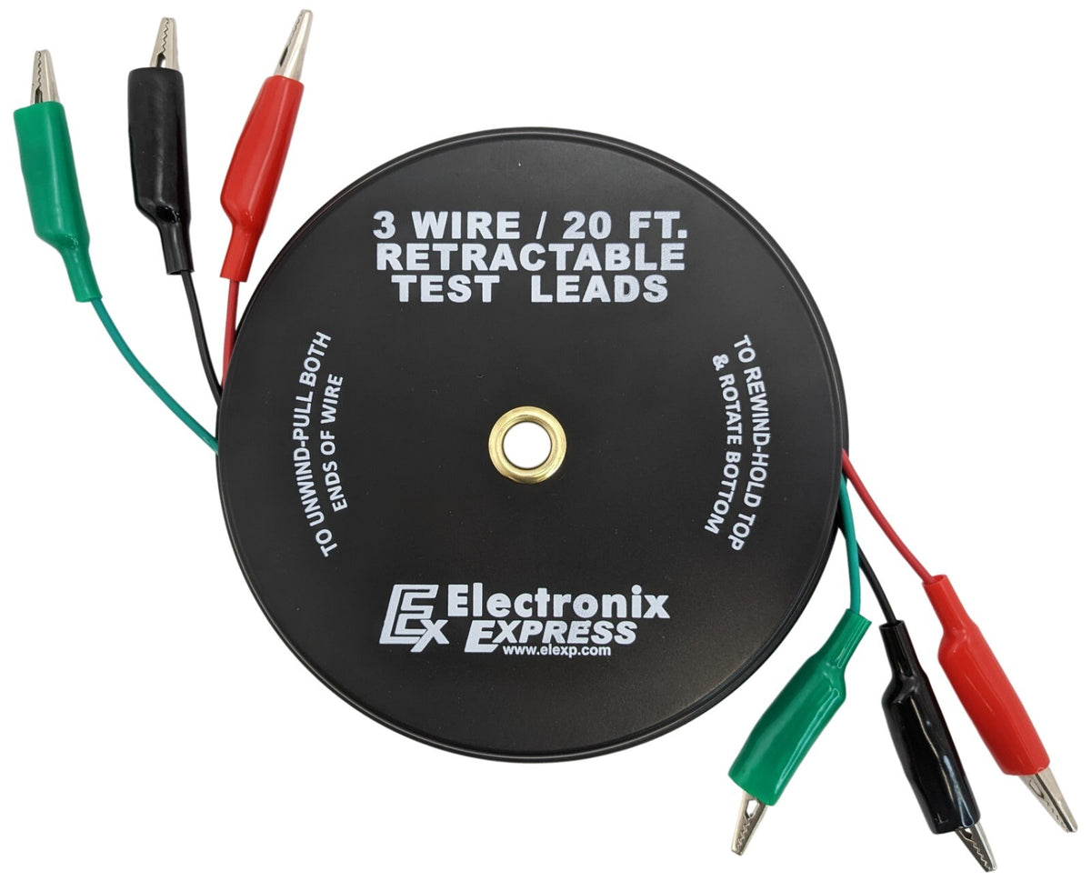 3 Wire 20 Foot Retractable Test Leads, Red/Black/Green Alligator Clips, 18 Gauge