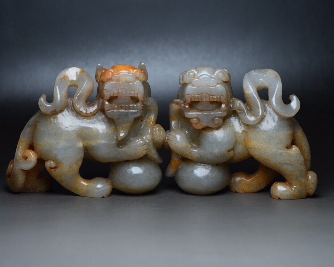 Chinese Antique Hetian Jade Carving Exquisite A Pair Lion Statue Sculpture Rare