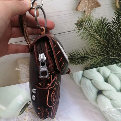 Genuine Leather Owl Coin Purse 3D Ethnic Keychain Bag Phone Pouch Gift