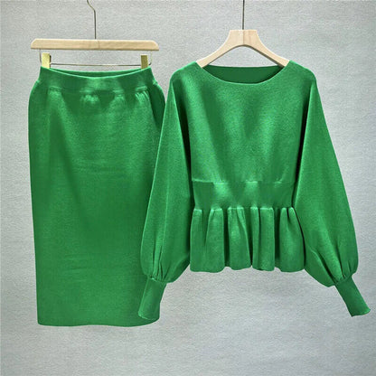 2 Two Piece Set Women Lantern Long Sleeves Crop Tops Sweater Sexy Skirts Sets
