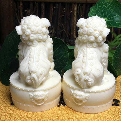 Pair Tagua Nut Chinese Guardian Lions Statue Evil Guard Door Fu Foo Dog Collect