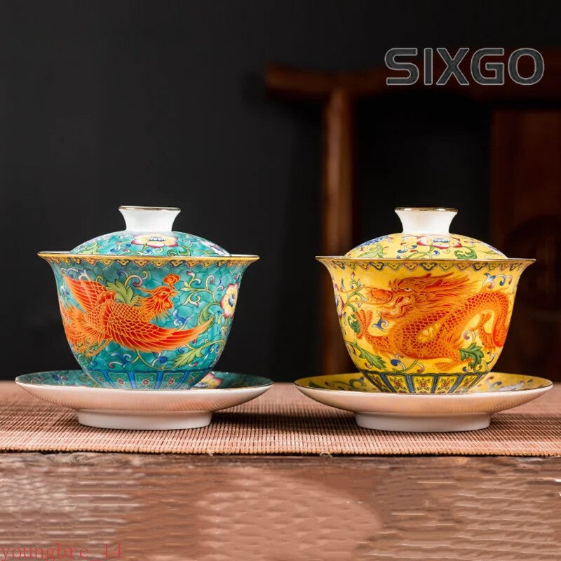 Ceramics Sancai Gaiwan Bowl Dragon and Phoenix Tea Cup Handmade Enamel Color