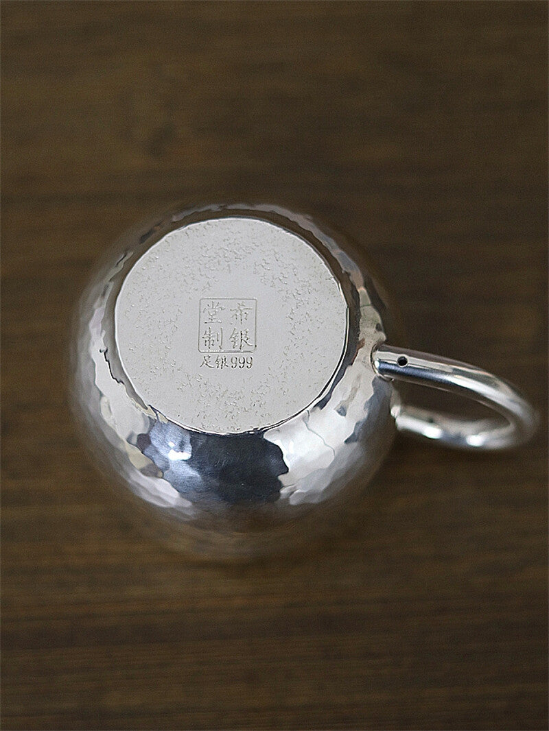 Pure 999 Silver Tea Cup Hammer Pattern Water Cup Tea Cup With Handle 87g 100ml