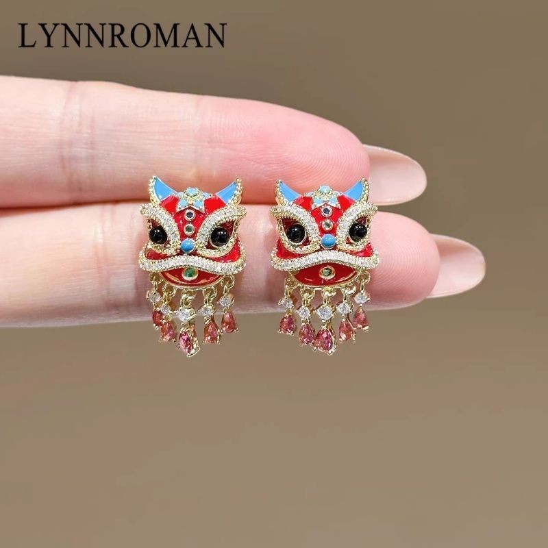 Chinese Lion Dance Enamel Stud Earrings Zircon Accents
