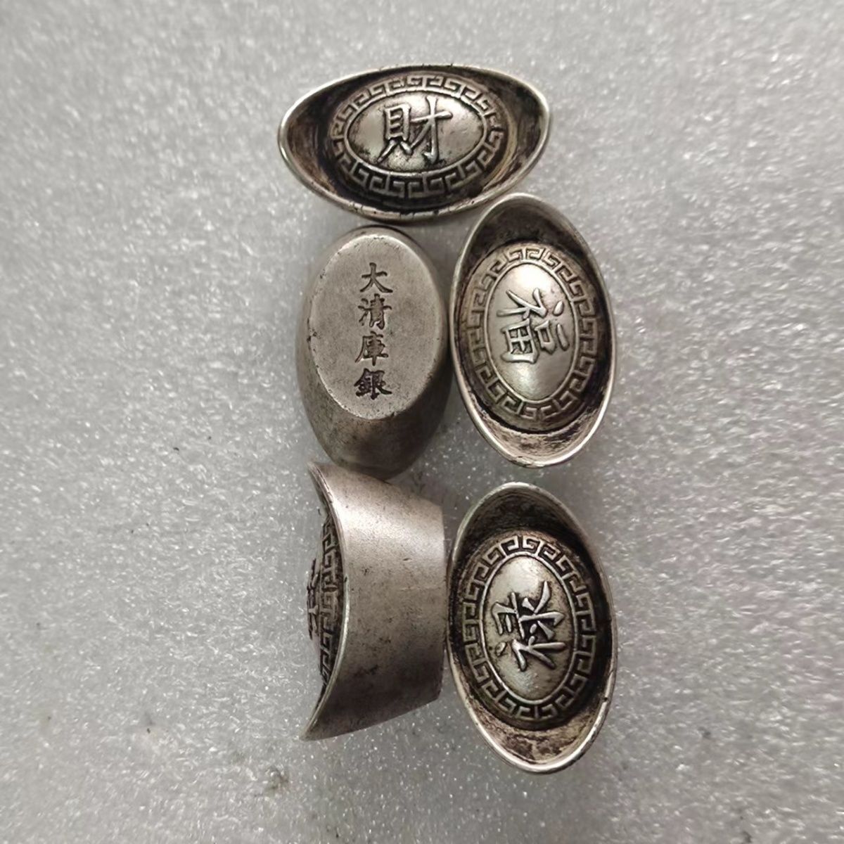 Qing Dynasty Antique Tibet Silver Ingots Famous Wealth Treasure Statues Set