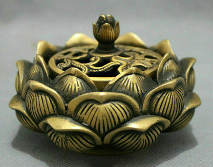 Folk Brass Buddhist Auspicious Statue Flower Incense Burner Censer