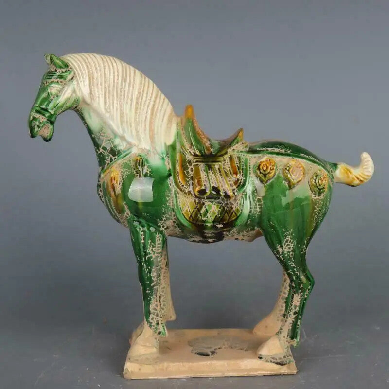 Chinese Imitation of Ancient Tang Three-color Green War Horse Porcelain Statue