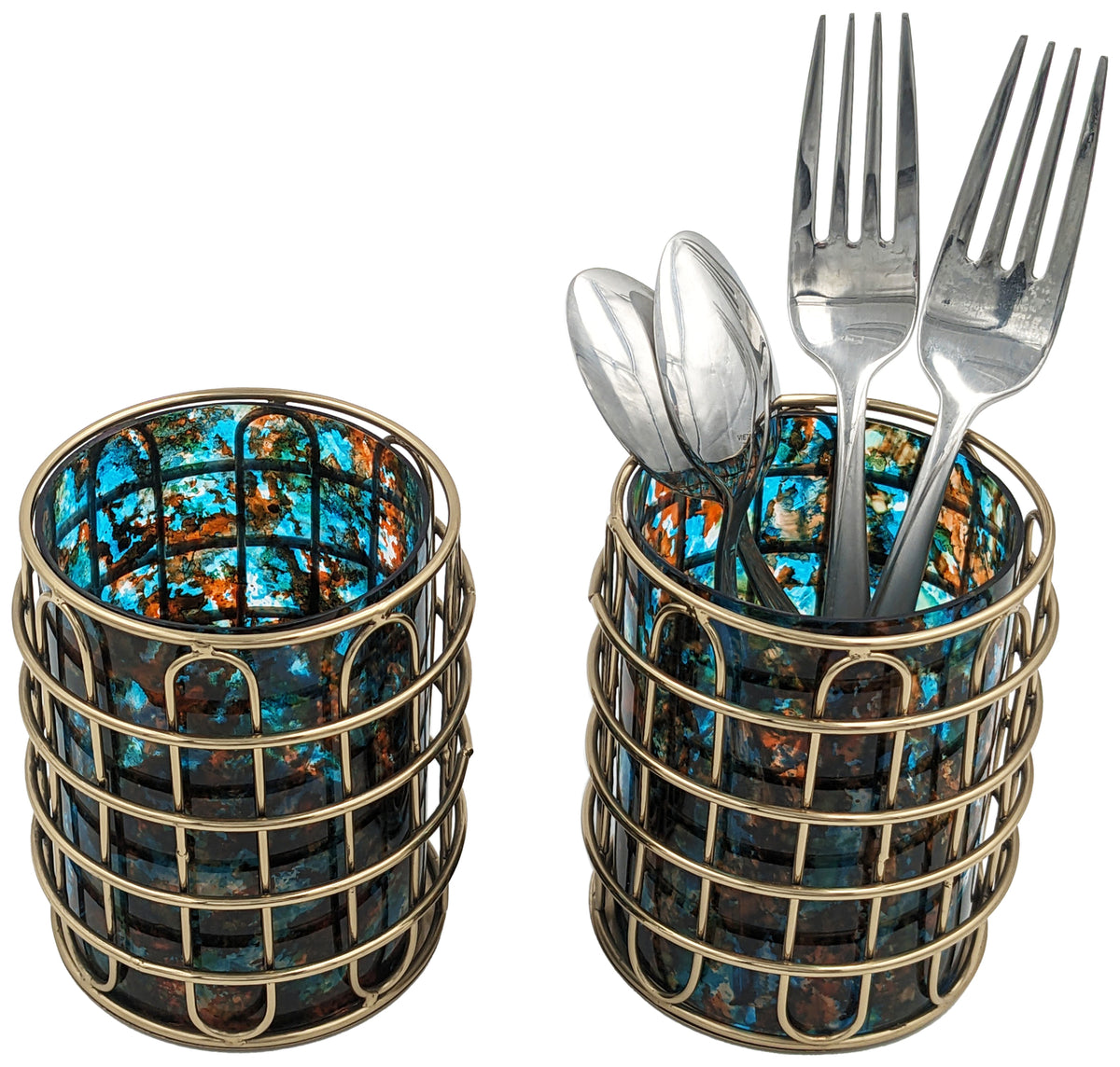 Set of 2 Stainless Steel (Gold Color) and Turquoise Glass Silverware Holders