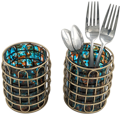 Set of 2 Stainless Steel (Gold Color) and Turquoise Glass Silverware Holders