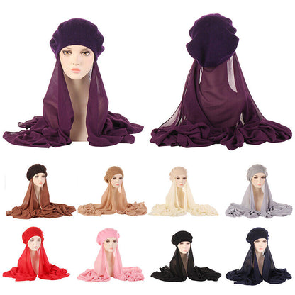 Womens Beret Hat Chiffon Scarf Instant Hijab Shawls Wrap Headsacrf Bandana Caps↖