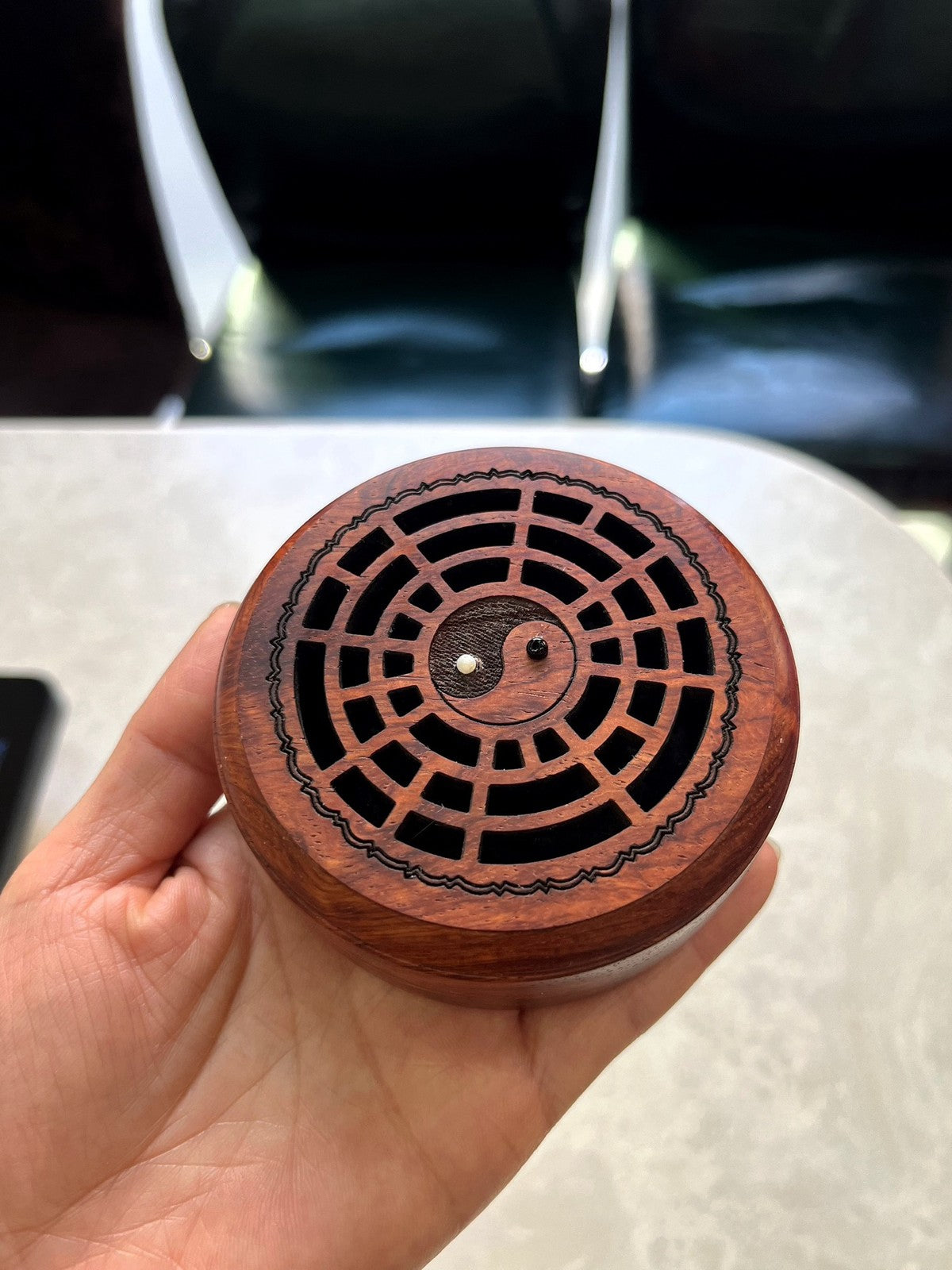 Vietnamese Rosewood Bagua Incense Box 8.5×2.7cm Car Portable Coil Censer