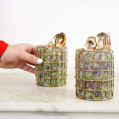 Set of 2 Elegant Stainless Steel (Gold Color) and Green Glass Silverware Holders