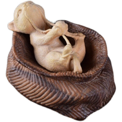 7X5 CM Hand Carved Boxwood Netsuke - Naughty Cat in Basket