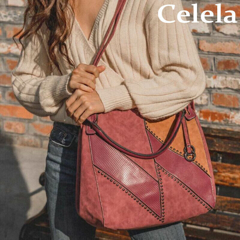 Celela Women Color-block Studs Tote Shoulder Crossbody Bag Handbag Purse GU