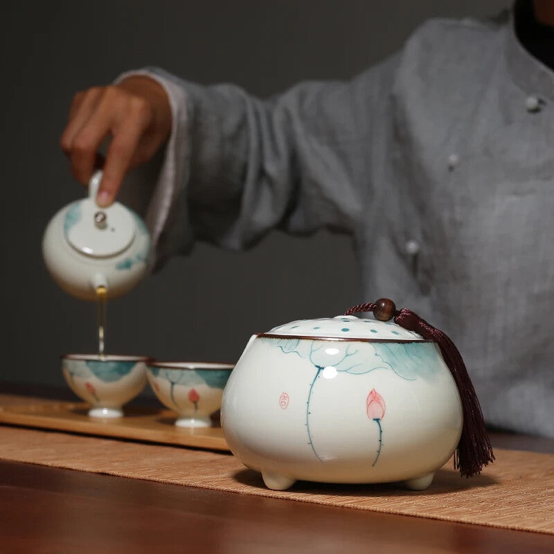 Hand Painted Lotus Ceramic Tea Jar Traditional Chinese Tea Storage Tins