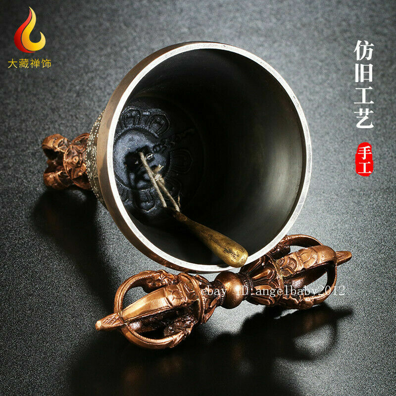 6.69" A Set Tibetan Bronze Copper Gilt Nepal Buddhism Handmade Dorje Vajra Bell
