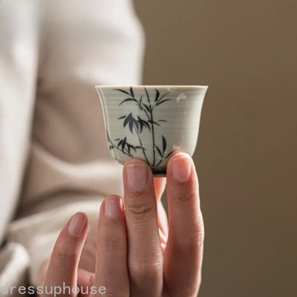 50ml Jingdezhen Chinese Hand Painted Bamboo Lotus Teacups Ceramic Kungfu Tea Set