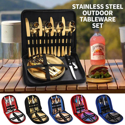 Camping Tableware Set Stainless Steel 10/19Pcs Picnic Cutlery Set W/ Storage Bag
