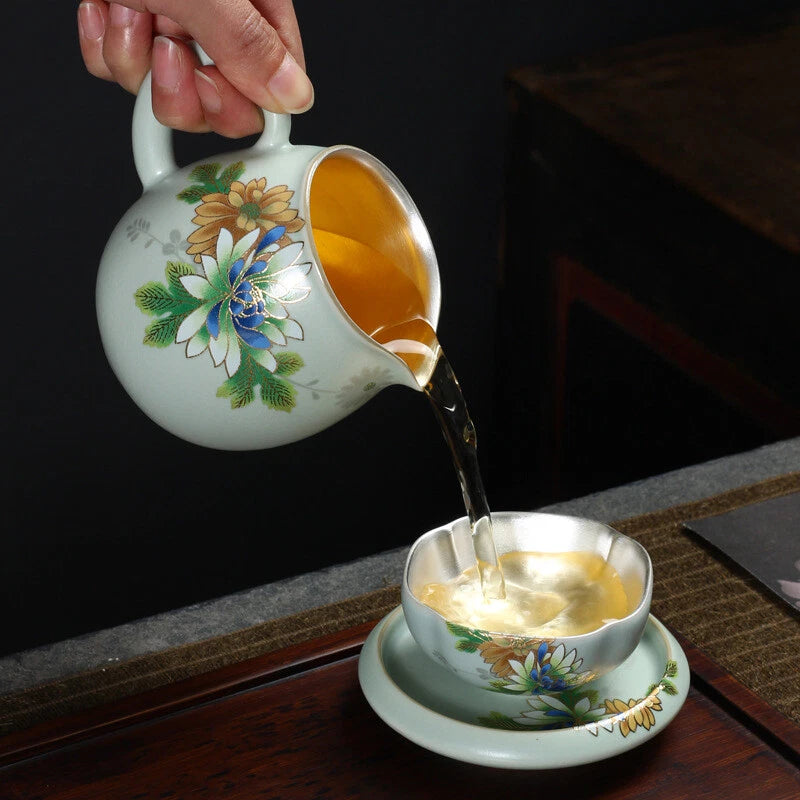 Health Care Pure Silver Inside Tea Cup Porcelain Ruyao Floral Tea Saucer Tea Set