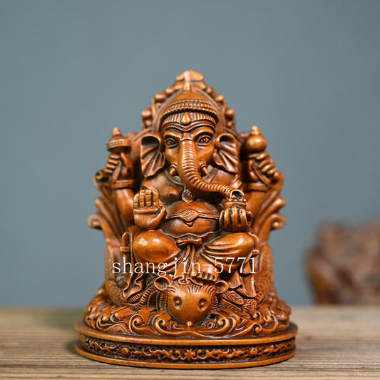 4.5" Boxwood Carved Hindu Elephant God Statue Ganesha Ganesh Figure Shrine Decor
