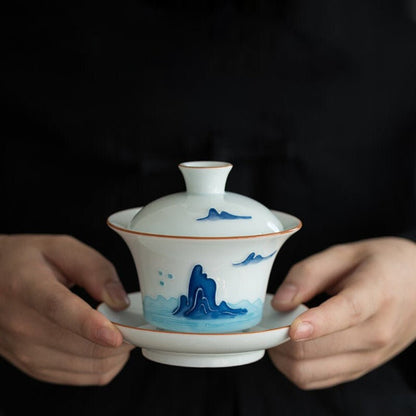 Ceramic Gaiwan Porcelain Tea Tureen Handpainted Mountain Chawan Puer Tea Maker