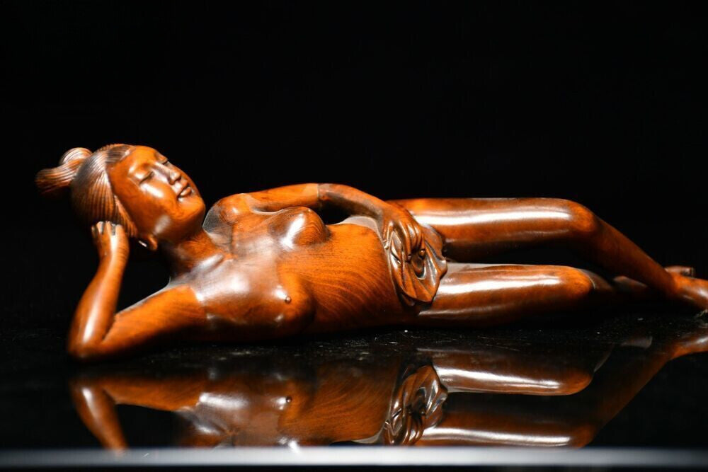 Chinese Antique Boxwood Carved Beautiful Woman Statue Sexy Sculpture Home Decor