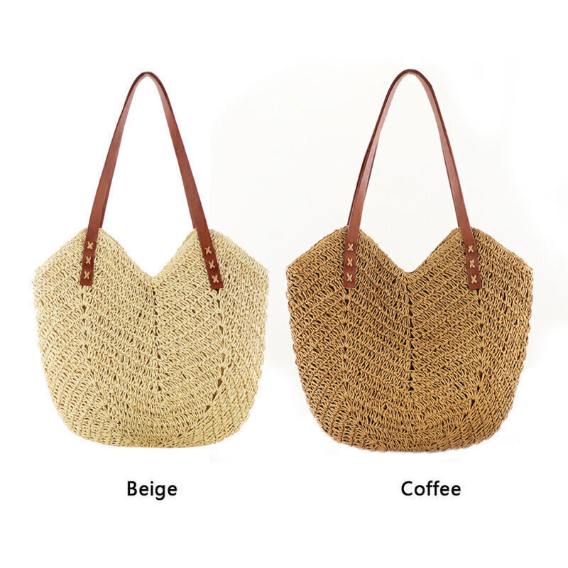 Women Boho Woven Handbag Summer Beach Tote Straw Bag Hollow Rattan Shoulder Bags