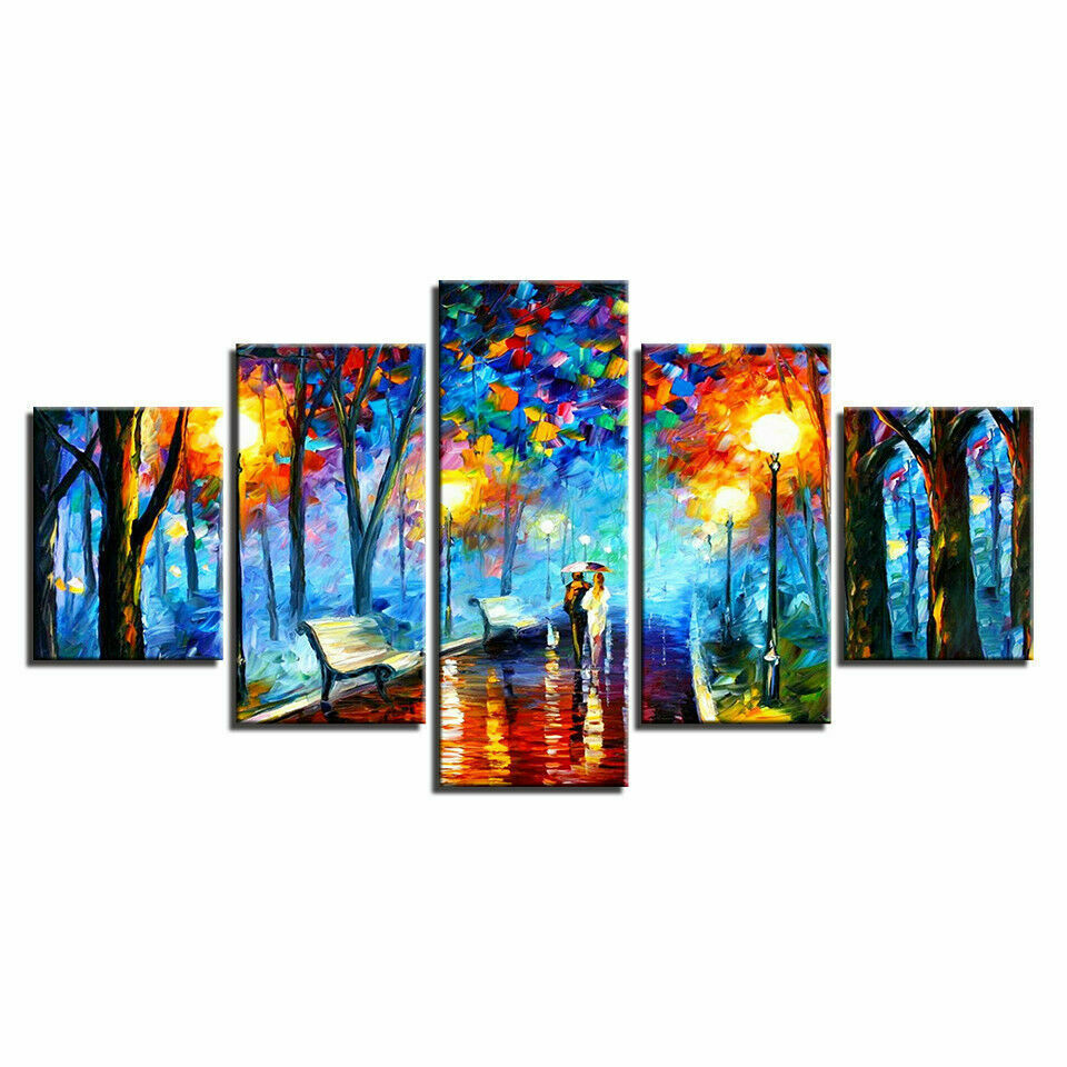 Abstract Rainy Night Park Walking Couple Canvas Print Painting Wall Art Decor 5P