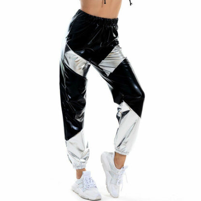 Women Pants Long Pockets High Waist Loose Holographic Patchwork Trousers Jogger