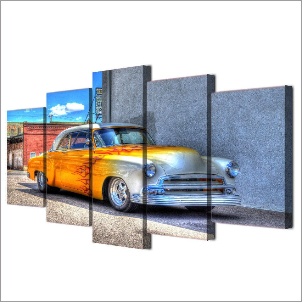 Classic Car Chevrolet Yellow Poster 5 Panel Canvas Print Wall Art Home Decor