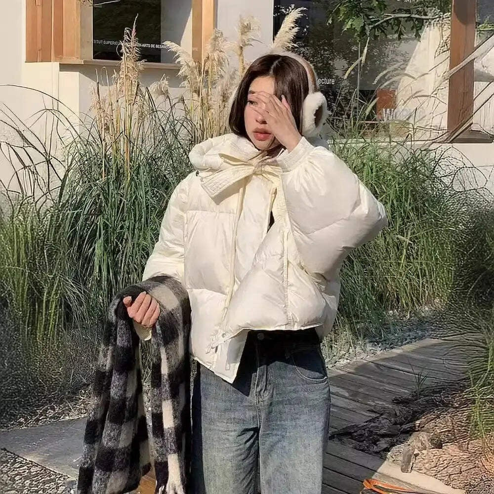 Women Cropped Winter Puffer Jacket – Warm Bow Design Coat