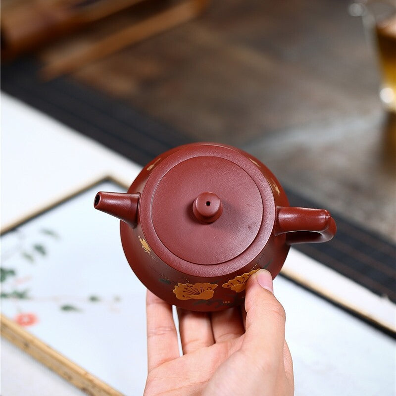 Tea Pot Handmade Carved Flower Design Real Yixing Zisha Dahongpao Clay Pot Mark