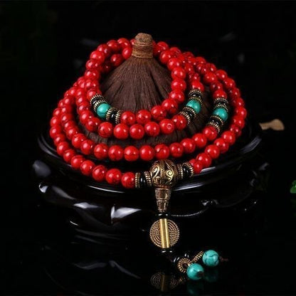 108 Prayer Beads Tibet Buddhist Red Howlite Turquoise Mala Necklace--8mm
