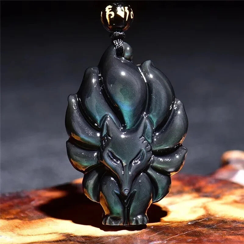 Hand Carved Nine Tailed Fox Jade Pendant Colored Natural Obsidian Jewelry
