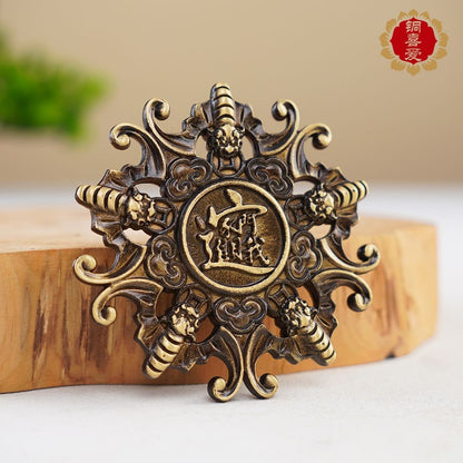 Brass Five Blessings Spinning Coin Hand Piece Fengshui Fortune Fidget Toy 6.8cm