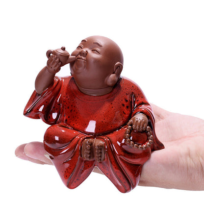 Buddha Drinking Tea Creative Artware Yixing Zisha Purple Clay Porcelain Tea Pet