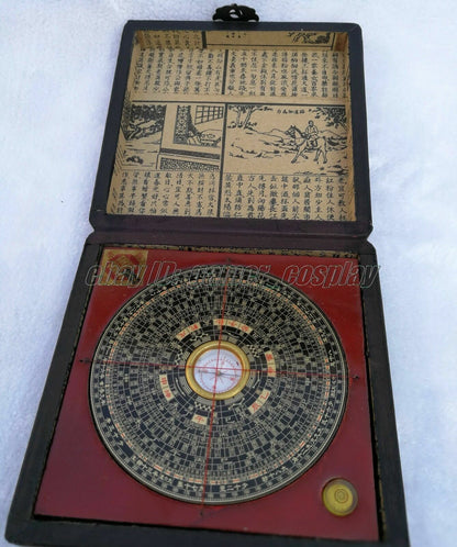 Old Chinese Feng Shui Compass W. Leatherette Wood Dragon Phoenix Box 13cm