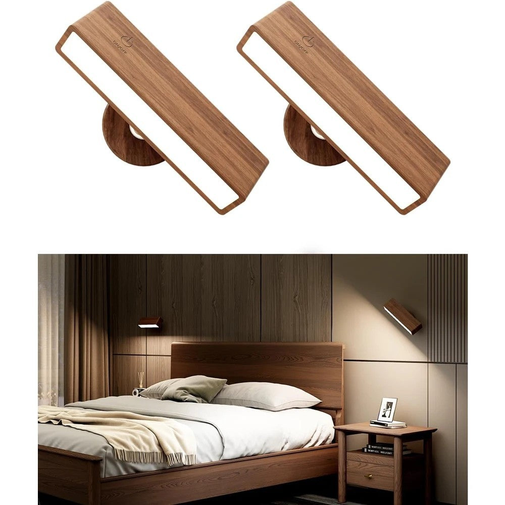 2 Pack Nordic Solid Wood Wall Sconces Rechargeable Night Lamps 360 Rotation