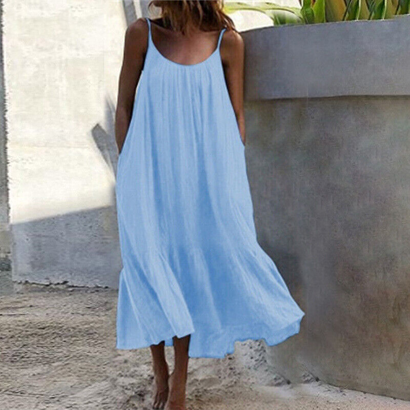 Womens Summer Sleeveless Loose Dress Beach Slip Sundress Swing Baggy Solid Color