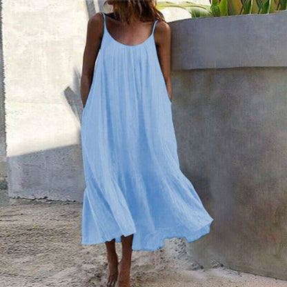 Womens Summer Sleeveless Loose Dress Beach Slip Sundress Swing Baggy Solid Color