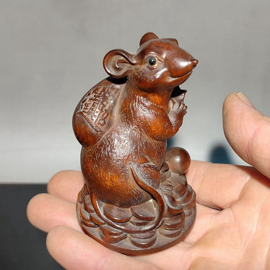 A nice happy little mouse wood carvings money bag Carved statue room decor gift